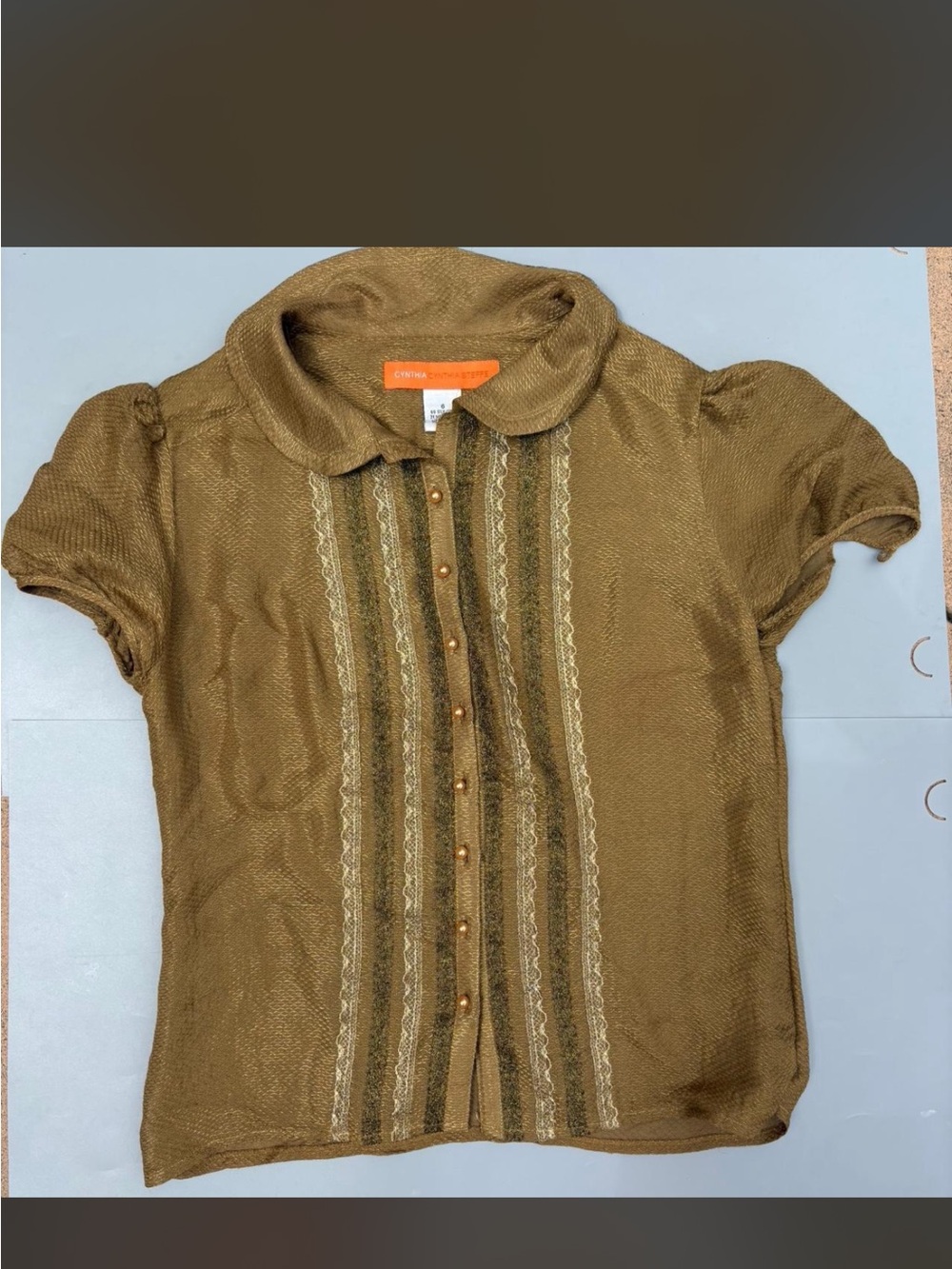 Cynthia Steffe Olive Green Button-Front Short Sleeve Blouse with Lace Trim